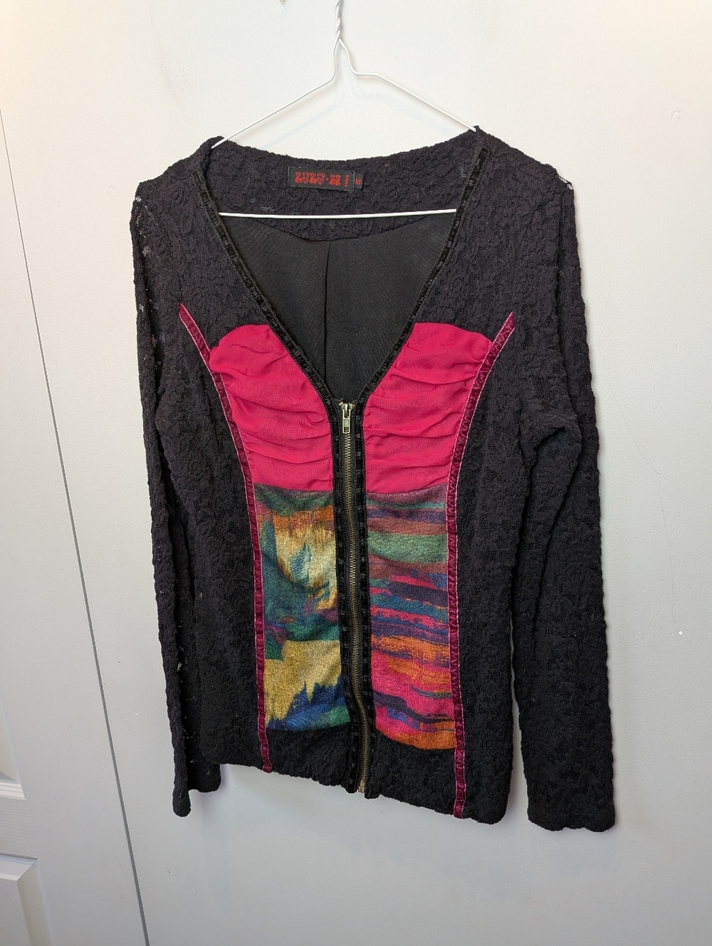 LULU H PARIS Women Full Zip Blouse Mesh And Patchwork Pattern Size Medium